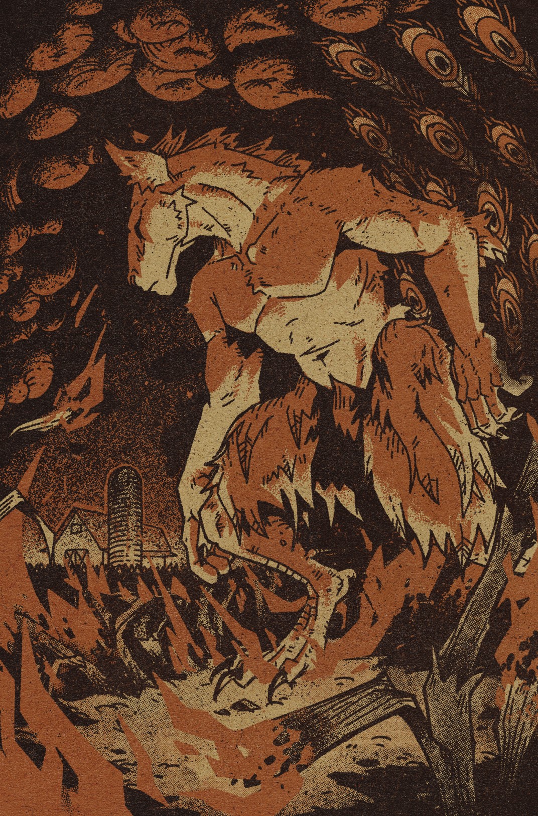 An illustration of a bipedal, horse-headed demon looming over a field of corn. The earth erupts in wild licks of flame beneath his claws. His eyes are set on a humble barn in the distance. The mood of the piece is ominous.